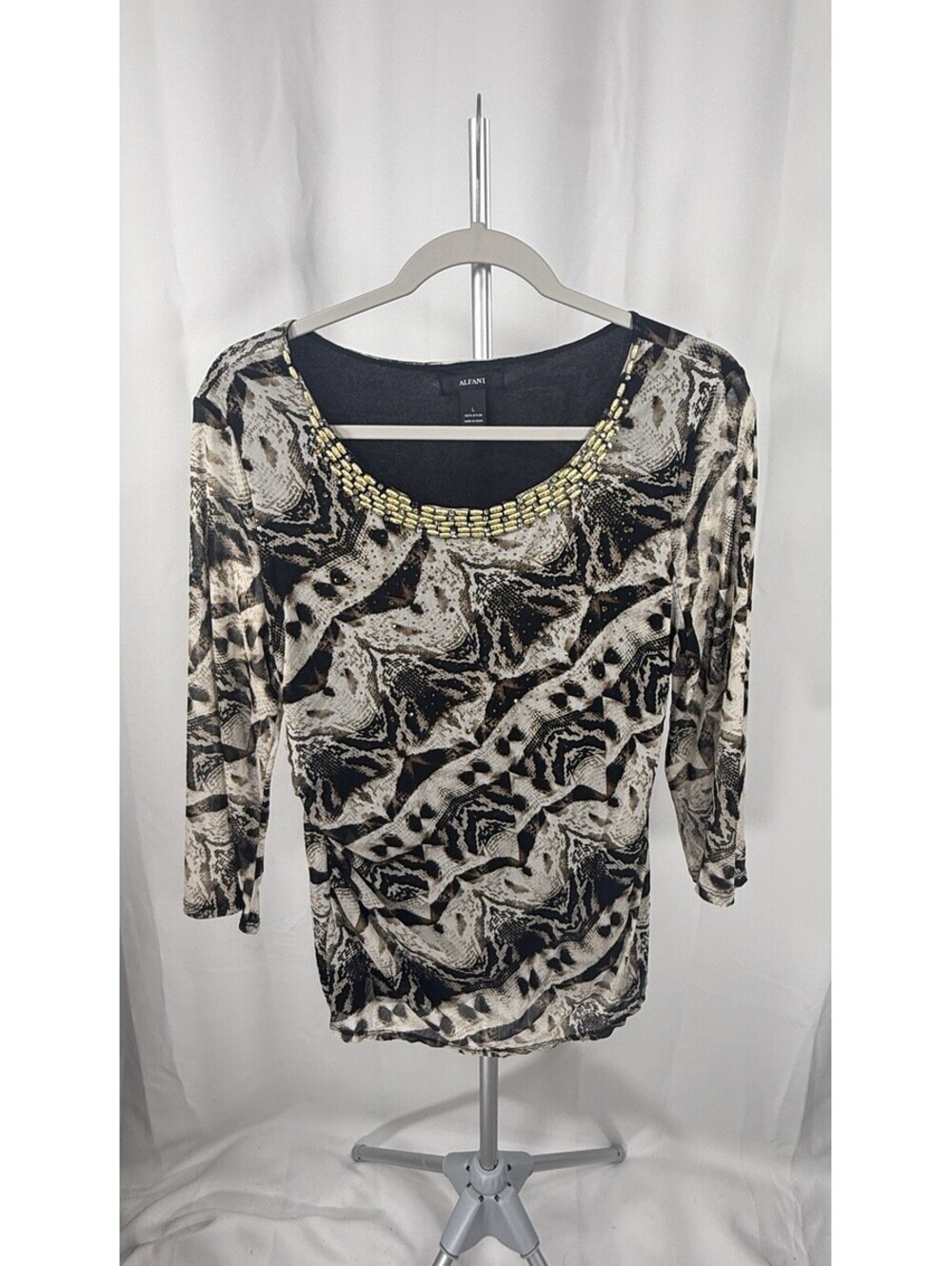 Alfani Womens L Snakeskin Print Mesh Top Gold Beaded Rhinestone Neck Ruched Glam